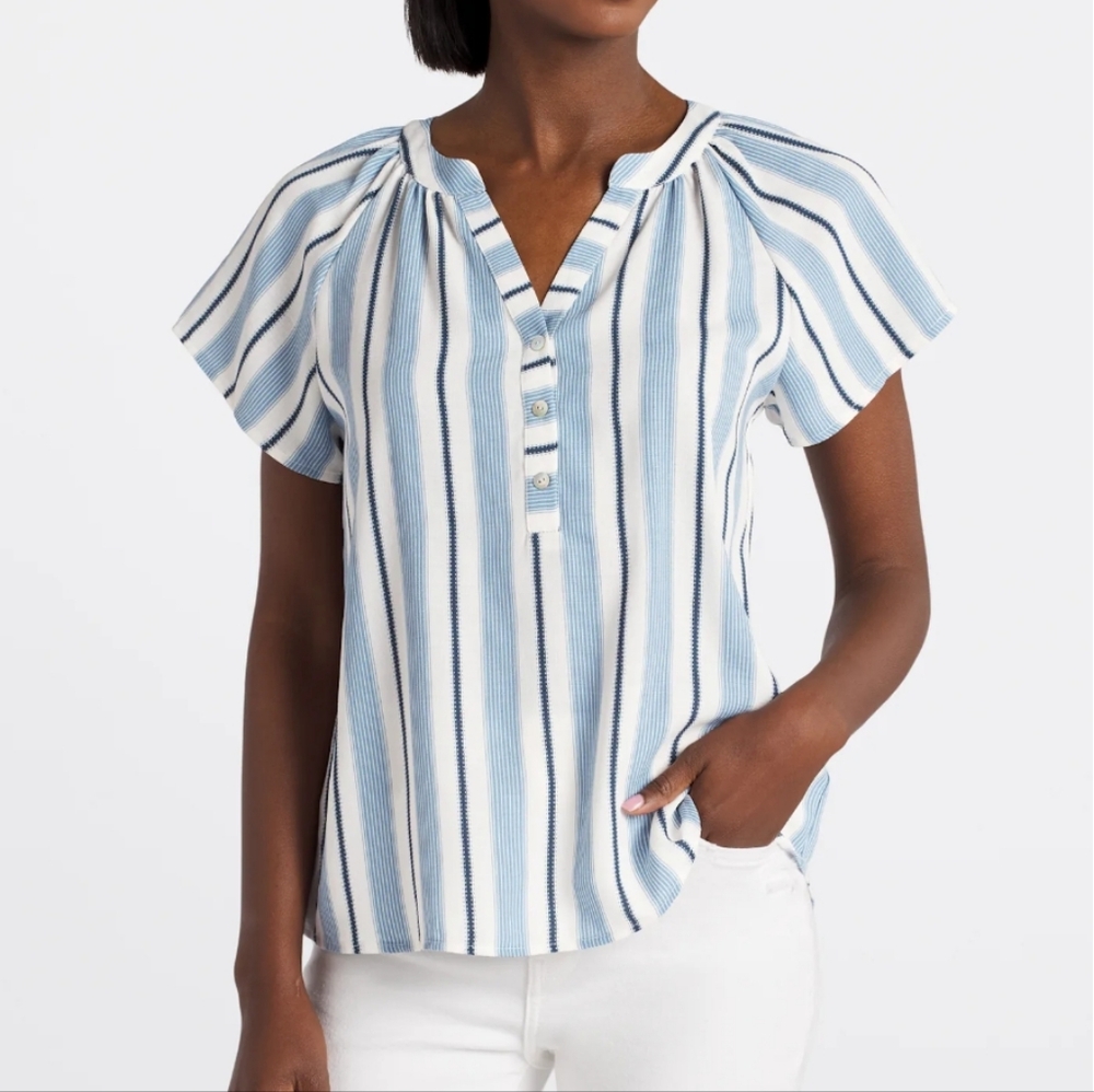 NEW! Beacon Apparel Striped Blue and White Blouse